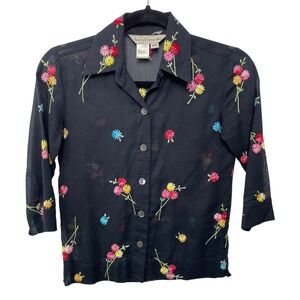 David Brooks‎ Black Floral Embroidered Sheer Button Up Blouse Top Petite DarkPS